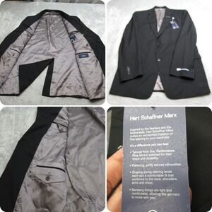Hart Schaffner Marx Blazer Mens 42L Black Fine Merino Wool Sport Coat Formal USA